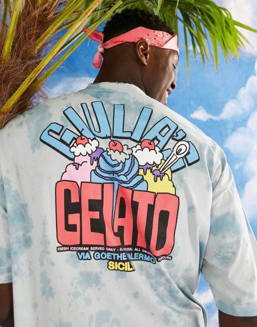 ASOS DESIGN - Oversized T-shirt met cartoon 'Gelato-print op de voorkant en tie-dye in blauw