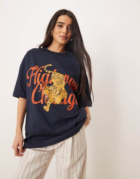 ASOS DESIGN - Oversized T-shirt met Chicago- en tijgerprint in marineblauw - view 1