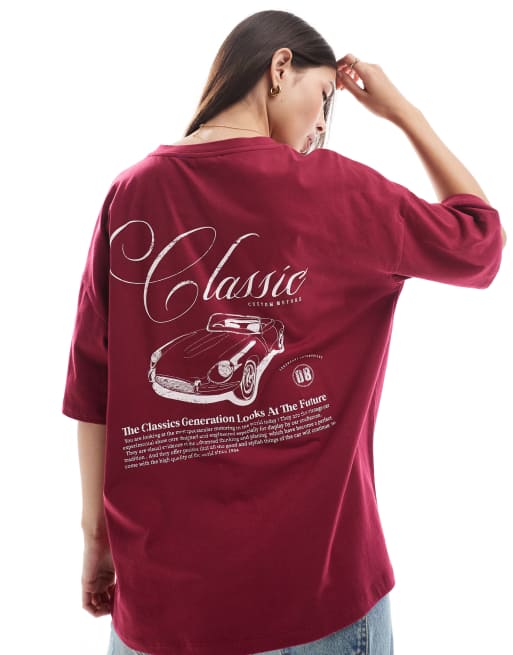ASOS DESIGN - Oversized T-shirt met 'Classic'- en autoprint in bordeauxrood
