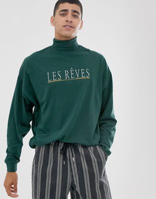 ASOS DESIGN - Oversized T-shirt met col en lange mouwen-Groen