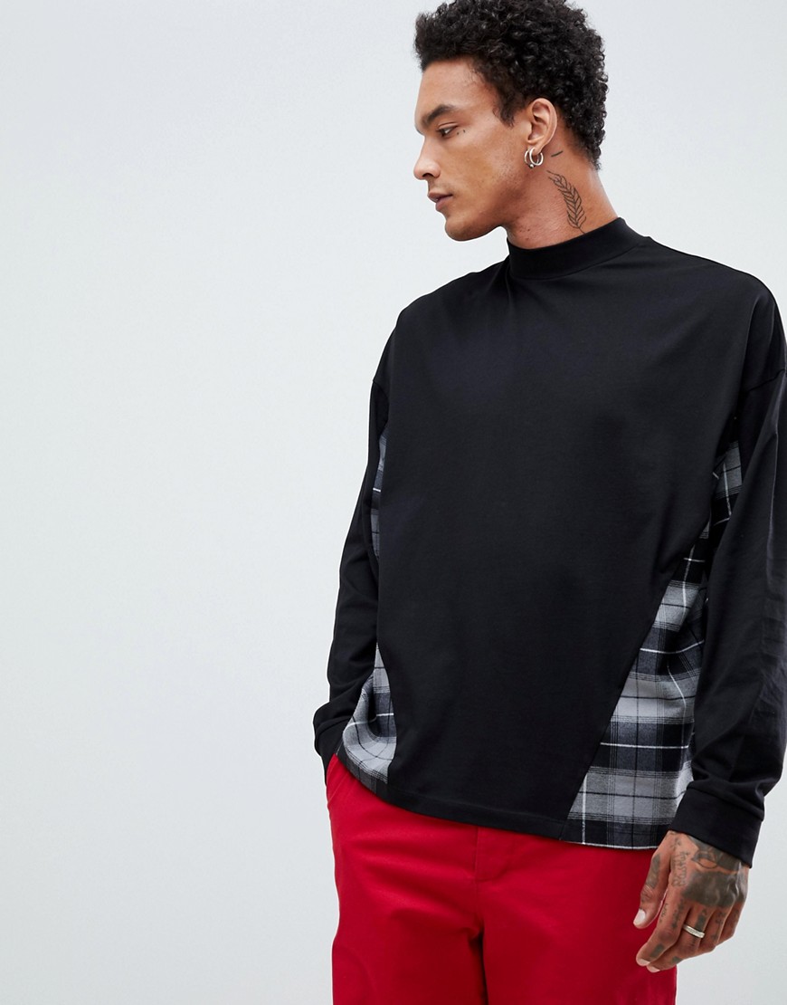 ASOS DESIGN - Oversized t-shirt met col, lange mouwen en geweven geruite vlakken-Zwart