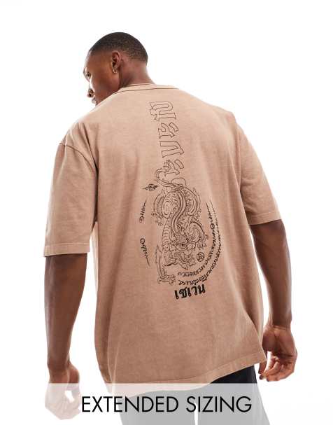 ASOS DESIGN - Oversized T-shirt met drakenprint op de achterkant in oranje met wassing - view 1