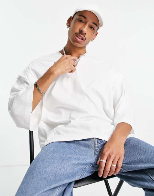 ASOS DESIGN - Oversized T-shirt met driekwartmouwen en plooien in crème