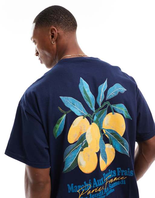 ASOS DESIGN - Oversized T-shirt met fruitprint op de achterkant in marineblauw
