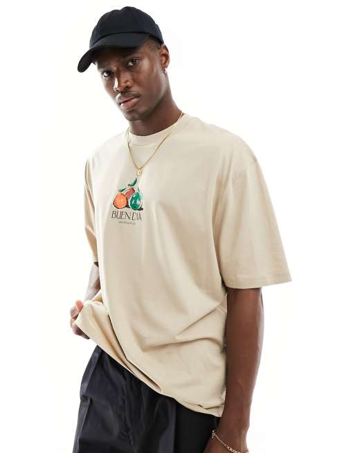 ASOS DESIGN - Oversized T-shirt met fruitprint op de borst in beige, 4 van 4