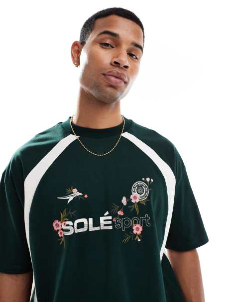 ASOS DESIGN - Oversized T-shirt met gebloemde sportprint en contrastinzetstuk in donkergroen - view 1