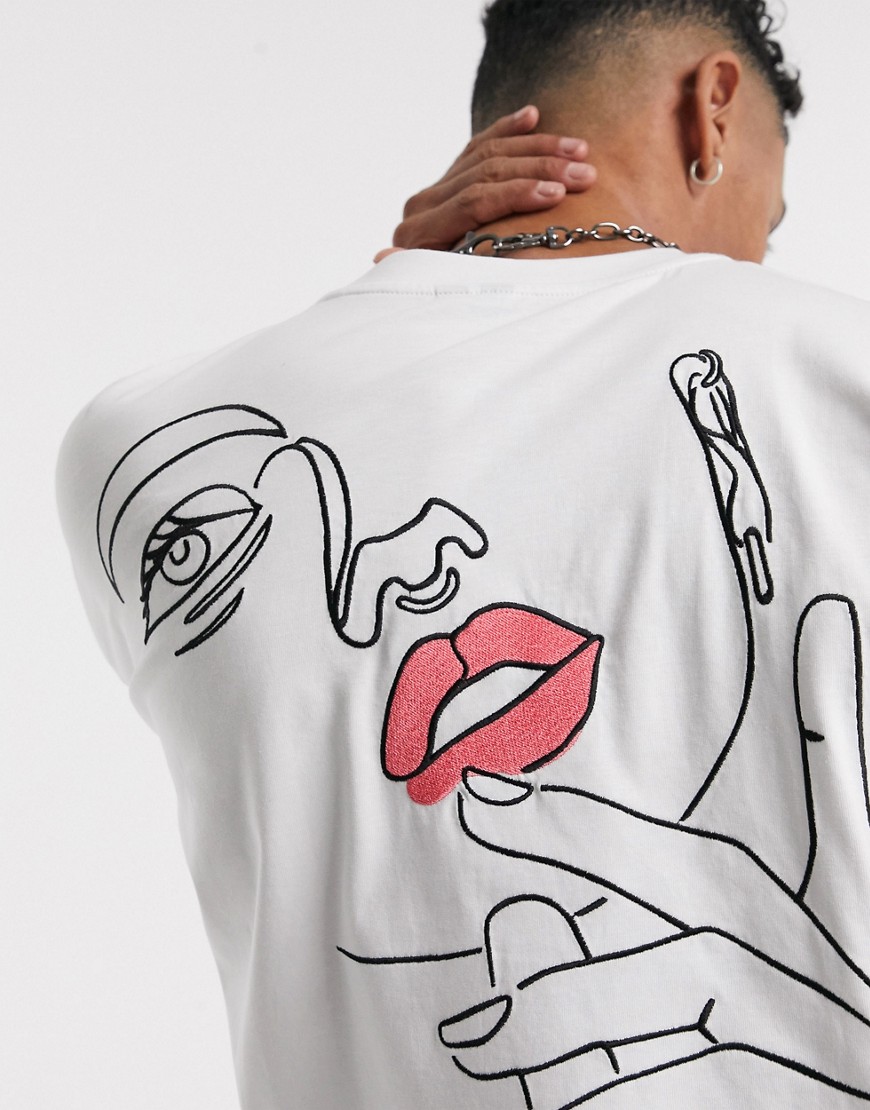 ASOS DESIGN - Oversized T-shirt met geborduurde lijnenprint op de rug-Wit