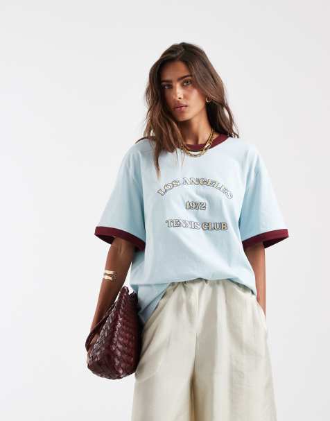 ASOS DESIGN - Oversized T-shirt met gekleurd randje en Los Angeles-tennisprint in blauw - view 1