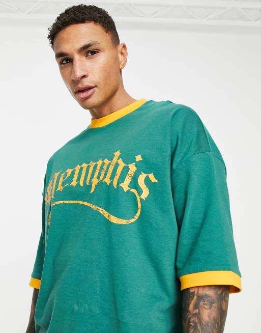 ASOS DESIGN - Oversized T-shirt met gekleurde randen en Memphis print in groen