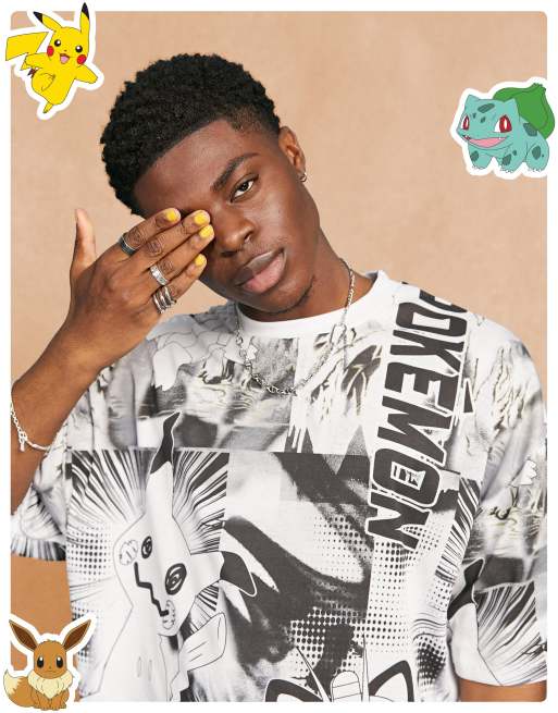 ASOS DESIGN - Oversized T-shirt met graffitiprint van Pokémon in zwart met wit