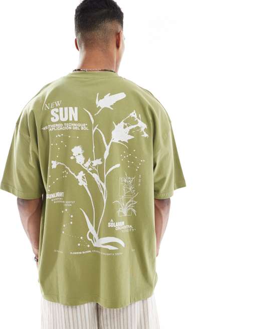 ASOS DESIGN - Oversized T-shirt met grafische bloemenprint in kaki, 2 van 4