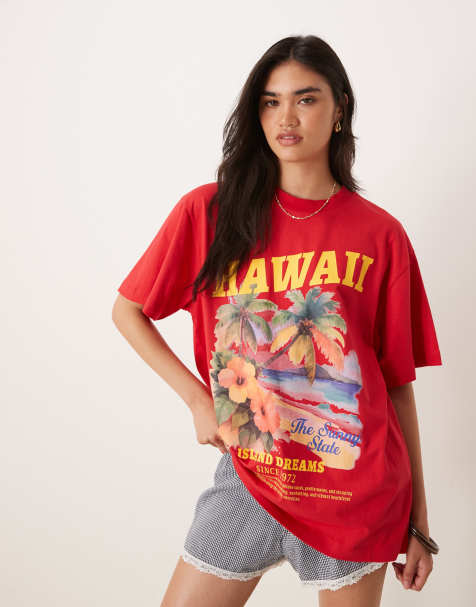 ASOS DESIGN - Oversized T-shirt met grafische Hawaii-print in rood - view 1