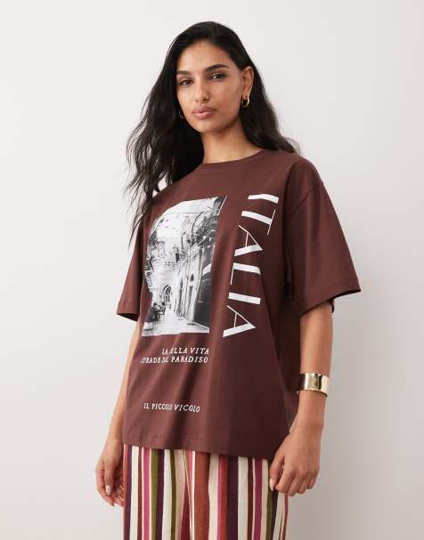 ASOS DESIGN - Oversized T-shirt met grafische Italia-print in chocoladebruin - view 1