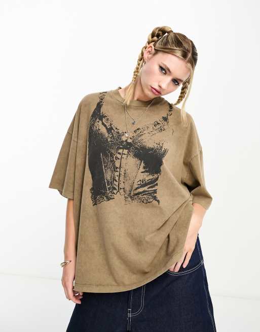 ASOS DESIGN - Oversized T-shirt met grafische korsetprint in bruin met wassing