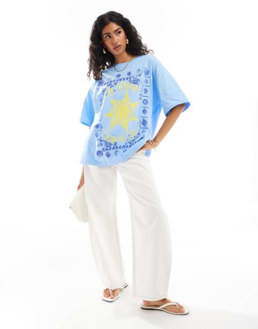 ASOS DESIGN - Oversized T-shirt met grafische La Plage-print in wit