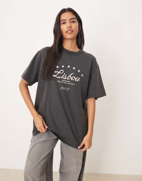 ASOS DESIGN - Oversized T-shirt met grafische Lisbon-print in antraciet met wassing - view 1