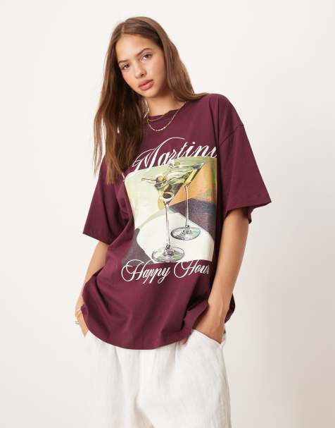 ASOS DESIGN - Oversized T-shirt met grafische martini-print in pruimkleur - view 1