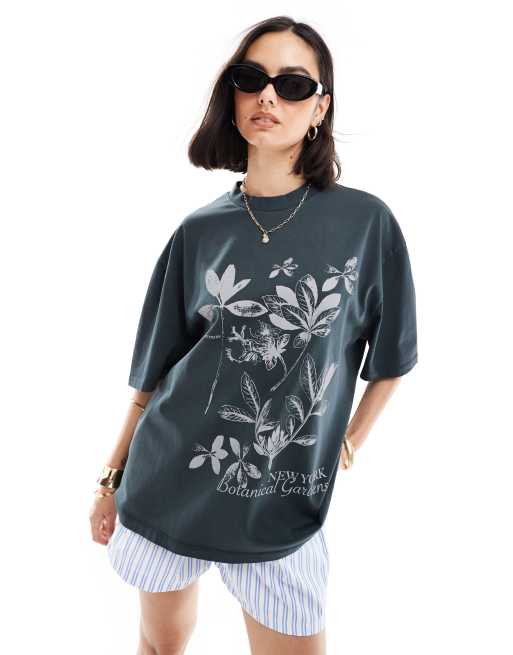 ASOS DESIGN - Oversized T-shirt met grafische New York Botanical-print in antraciet met wassing