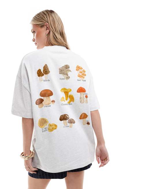 ASOS DESIGN - Oversized T-shirt met grafische paddenstoelenprint in gemêleerd ijsgrijs