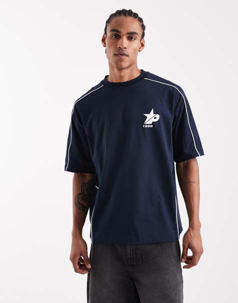 ASOS DESIGN - Oversized T-shirt met grafische print op de borst en biezen in marineblauw, deel van co-ord set - view 1