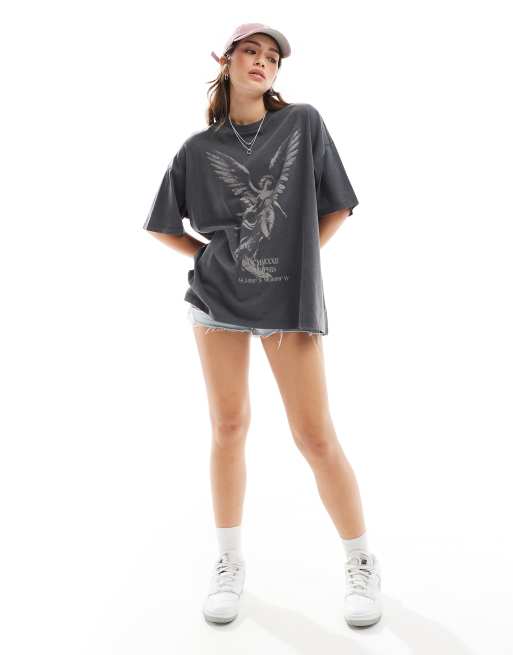 ASOS DESIGN - Oversized T-shirt met grafische print van engelenstandbeeld in bruin met wassing, 2 van 4