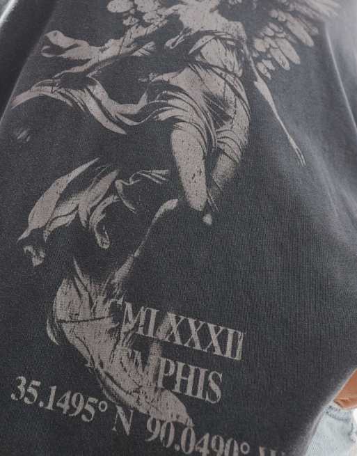 ASOS DESIGN - Oversized T-shirt met grafische print van engelenstandbeeld in bruin met wassing, 3 van 4