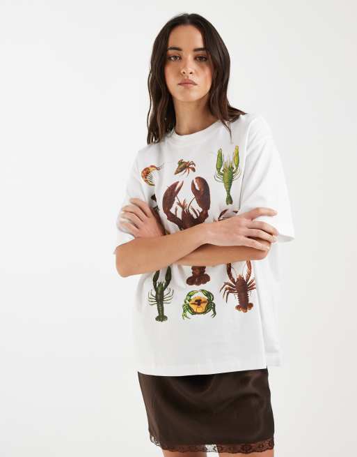 ASOS DESIGN - Oversized T-shirt met grafische print van kreeft en krabben in wit, 2 van 4