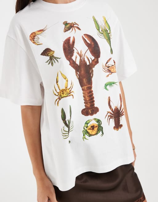 ASOS DESIGN - Oversized T-shirt met grafische print van kreeft en krabben in wit, 4 van 4