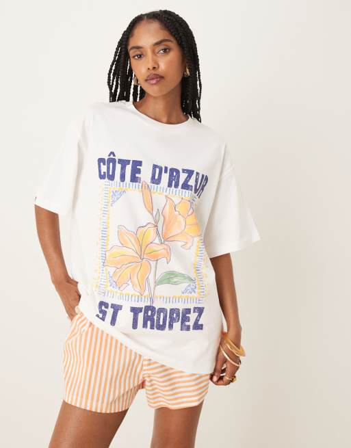 ASOS DESIGN - Oversized T-shirt met grafische 'St Tropez' print in crème