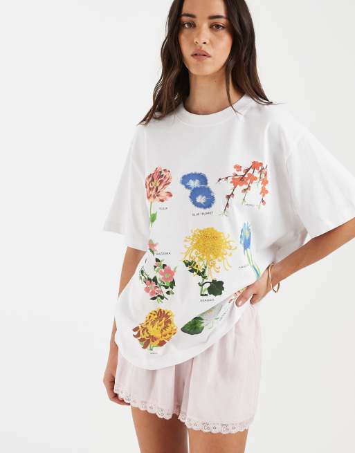 ASOS DESIGN - Oversized T-shirt met grafische vintage bloemenprint in wit
