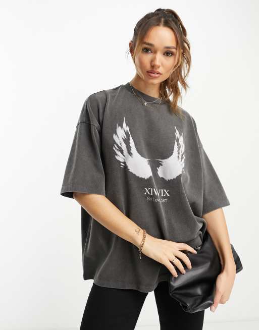 ASOS DESIGN - Oversized T-shirt met grafische vleugelprint in antraciet met wassing