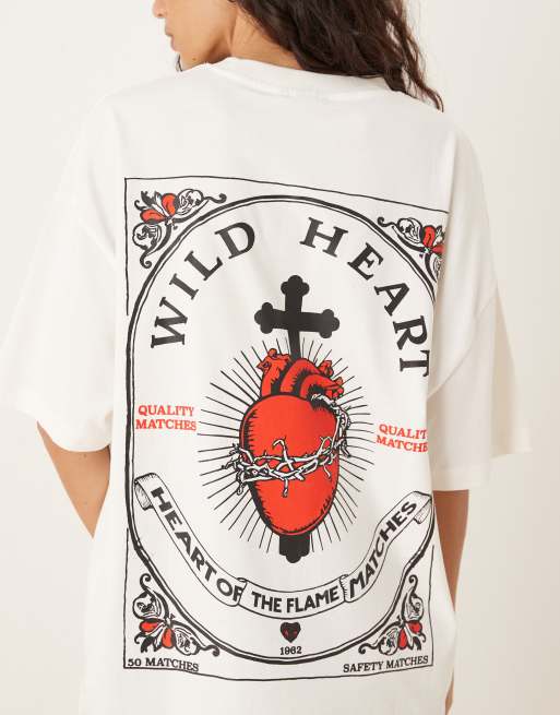 ASOS DESIGN - Oversized T-shirt met grafische Wild Heart-print in crème, 3 van 4