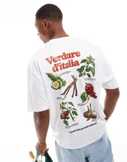 ASOS DESIGN - Oversized T-shirt met groentenprint op de achterkant in wit