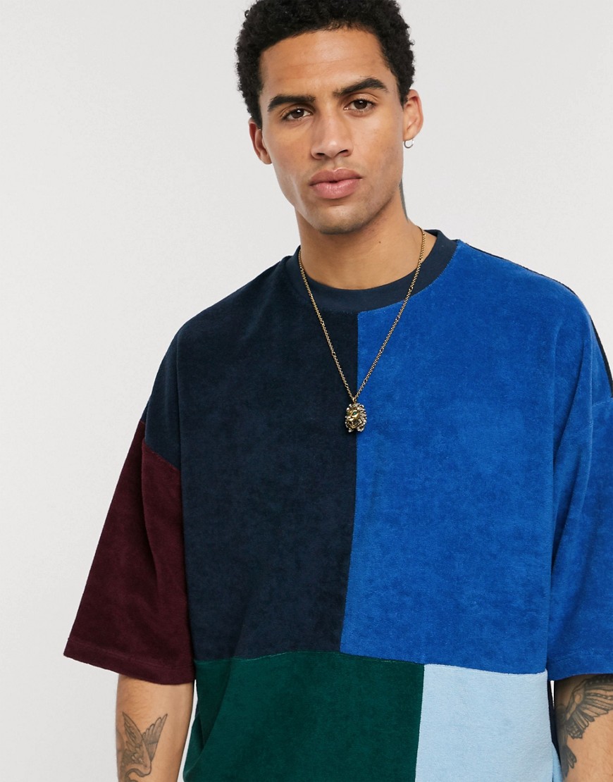 ASOS DESIGN - Oversized T-shirt met halflange mouwen en kleurvlakken van badstof-Marineblauw