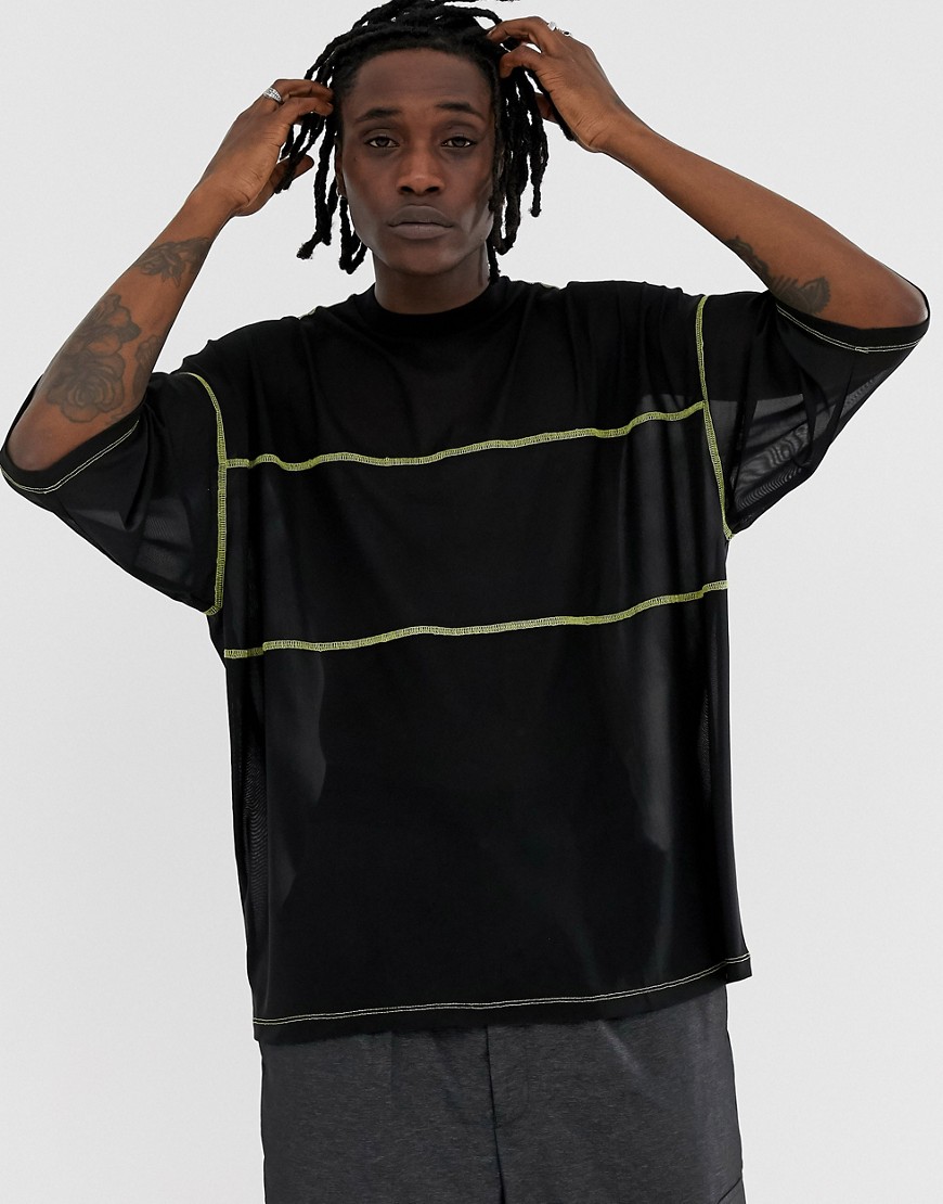 ASOS DESIGN - Oversized T-shirt met halve mouwen van fijn mesh met contrasterend stiksel-Zwart