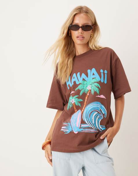 ASOS DESIGN - Oversized T-shirt met Hawaï print in bruin - view 1