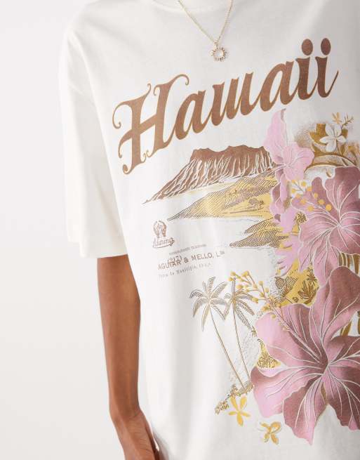 ASOS DESIGN oversized T-shirt met Hawaii-print in crème, 3 van 4