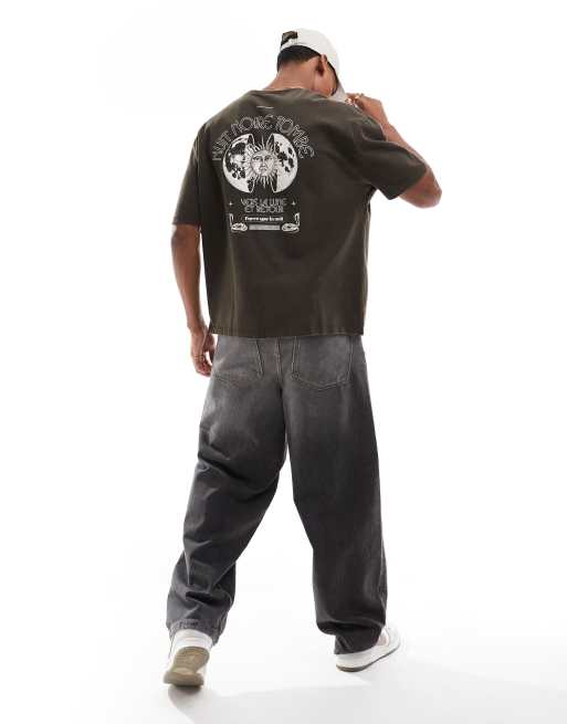 ASOS DESIGN - Oversized T-shirt met hemelse print op de achterkant in kaki met wassing, 2 van 4