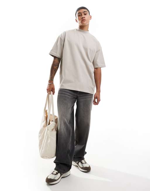 ASOS DESIGN - Oversized T-shirt met hoge hals van zware stof in stone , 3 van 4
