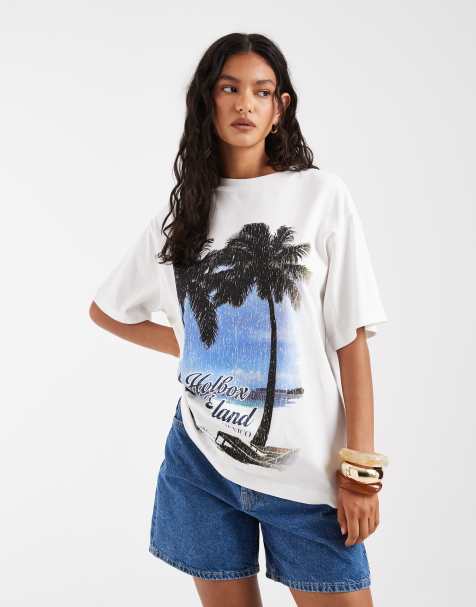 ASOS DESIGN - Oversized T-shirt met Holbox Island-palmprint in wit - view 1