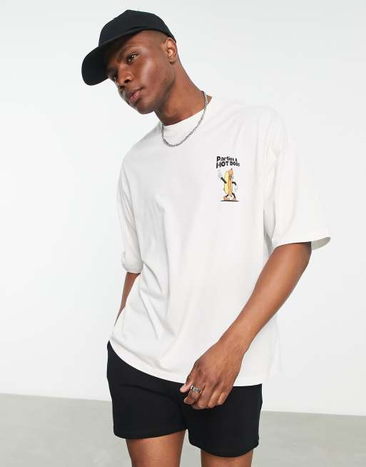 ASOS DESIGN - Oversized T-shirt met hotdogprint op de rug en borst in gebroken wit, 2 van 4