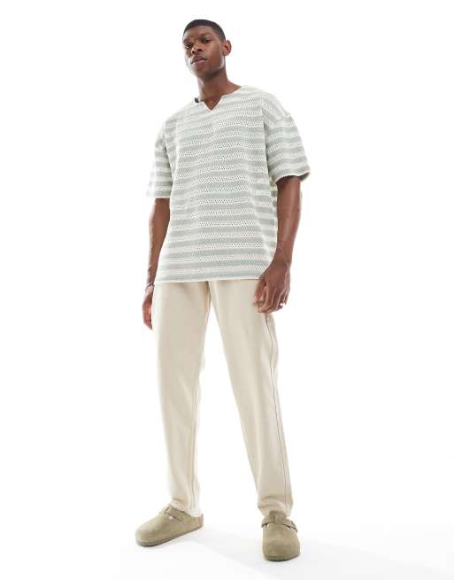 ASOS DESIGN - Oversized T-shirt met inkeping in de hals in groen en crème gestreepte textuur, 2 van 4