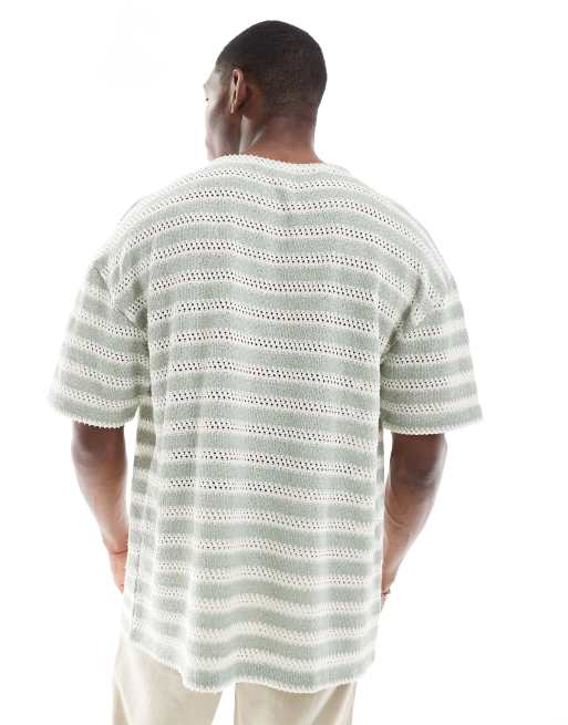 ASOS DESIGN - Oversized T-shirt met inkeping in de hals in groen en crème gestreepte textuur, 4 van 4