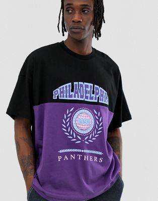 ASOS DESIGN - Oversized T-shirt met inzetstuk met kleurvlakken en 'Philadelphia' collegeprint-Zwart