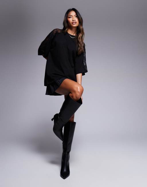 ASOS DESIGN - Oversized T-shirt met kanten inzetstukken in zwart, 3 van 4