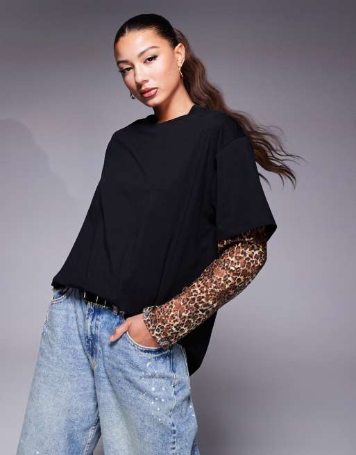 ASOS DESIGN - Oversized T-shirt met kanten mouwen met luipaardprint in zwart