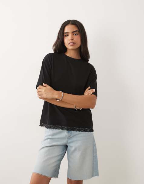 ASOS DESIGN - Oversized T-shirt met kanten rand aan de zoom in zwart - view 1