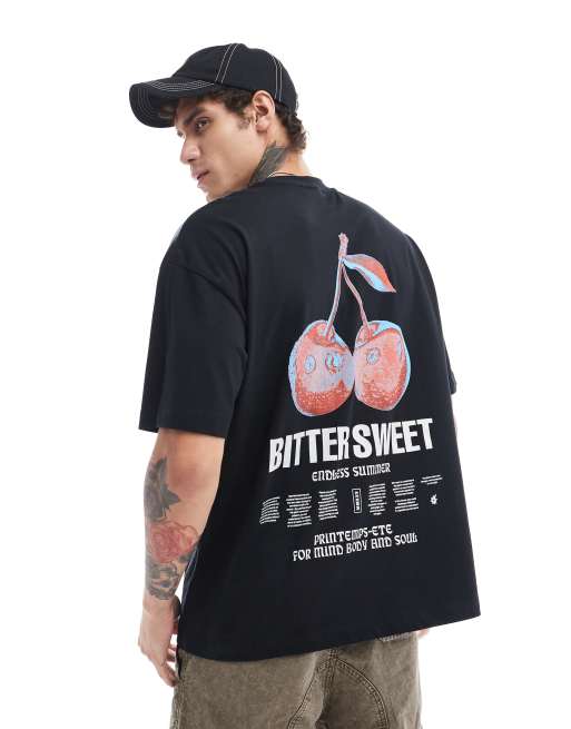 ASOS DESIGN - Oversized T-shirt met kersenprint op de achterkant in zwart