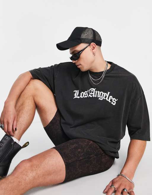 ASOS DESIGN - Oversized T-shirt met 'LA'-print op de voorkant in zwart met wassing