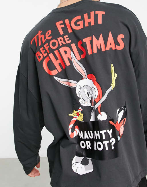 ASOS DESIGN - Oversized T-shirt met lange mouwen en Bugs Bunny-kerstprint in zwart